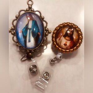 2 VIRGIN MARY + JESUS Healing Hands Nurse RN ID Holder Badge Reel Clips swivel